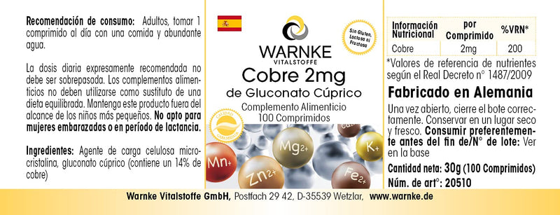 Copper 2mg from copper gluconate - vegan - 100 tablets | Warnke vital substances - NewNest Australia