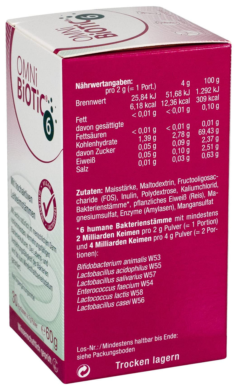 Omni Biotic 6 | Glass | 30 Servings (60G) | 6 Bacterial Strains | 4 Billion Germs Per Daily Dose | Powder | With Inulin | Vegan | Gluten Free | Lactose Free | For Daily Use - NewNest Australia