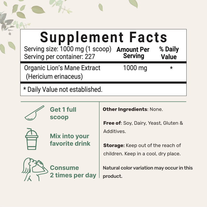 Sustainably US Grown, Organic Lions Mane Mushroom Supplement, Fruit Body and Mycelium, 8 Ounce (227 Serving), Freeze Dried, Supports Mental Clarity, Focus, Memory and Nervous System, Vegan Friendly 8 Ounce (Pack of 1) - NewNest Australia