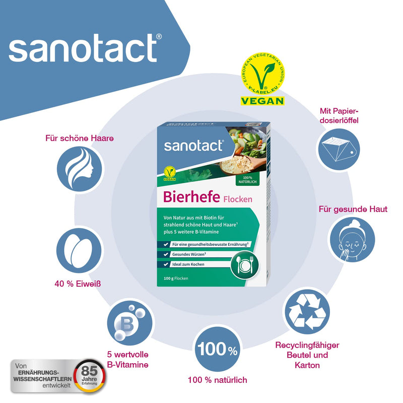 Sanotact Brewer'S Yeast Flakes ‚ 100 G Natural Brewer'S Yeast Flakes ‚ With Biotin And 6 B Vitamins For Skin Hair Nails ‚ Ideal As Vegan Parmesan, For Cooking, Seasoning, Etc. - NewNest Australia