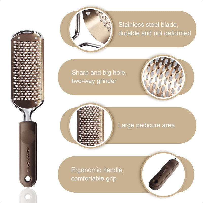 Stainless Steel Foot File, Large Foot Rasp File & 2 Pcs Double-Sided Foot Files, Professional Metal Surface Pedicure File Foot Heel Scraper Dead Skin Callus Remover for Wet and Dry Cracked Feet-Brown Champagne - NewNest Australia