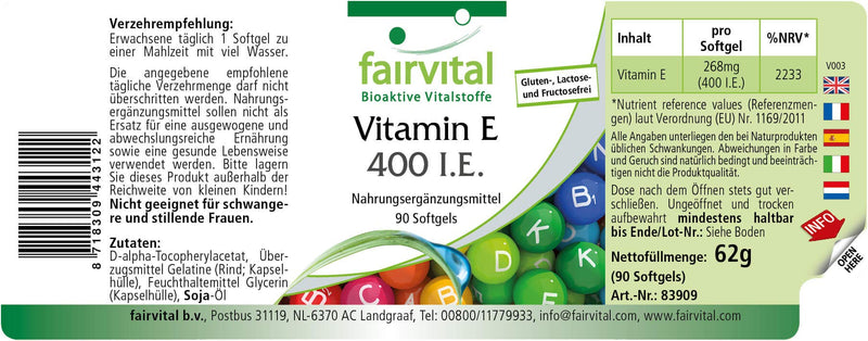 Fairvital | Vitamin E capsules 400 IU - HIGH DOSE - 90 softgels - antioxidant - NewNest Australia