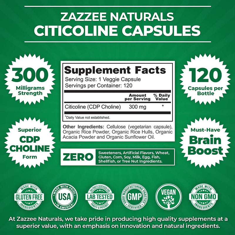 Zazzee Citicoline CDP Choline 300 mg, 120 Vegan Capsules, Vegan, Non-GMO and All-Natural, Premium Grade, Contains Organic Stabilizers - NewNest Australia