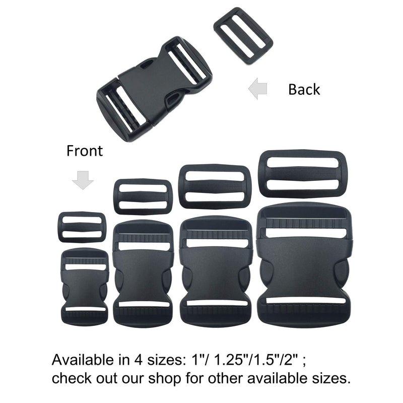EesTeck 5 Set 1.25" Flat Buckles Dual Adjustable Buckles and Tri-Glide Slides Quick Side Release Buckle for Luggage Straps Pet Collar Backpack Repairing (Black，Fit For 1.25”/32mm Webbing Straps) 1.25"-5 Pack - NewNest Australia