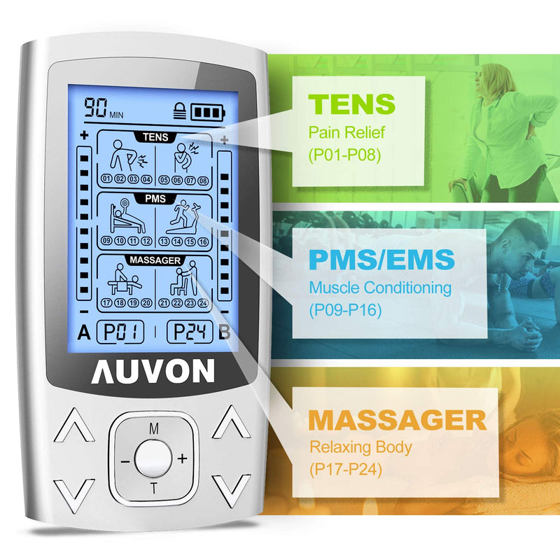 AUVON Dual Channel TENS EMS Unit 24 Modes Muscle Stimulator for Pain Relief, Rechargeable TENS Machine Massager with 12 Pads, ABS Pads Holder, USB Charger and Dust-Proof Storage Bag - NewNest Australia