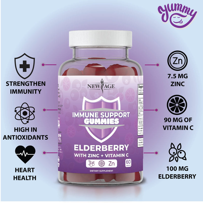 New Age Immune System Support Gummies - Sambucus Black Elderberry Gummies with Vitamin C and Zinc - All Natural Immunity Gummies - 2 Pack, 120 Count (2 Pack 120 Count) - NewNest Australia