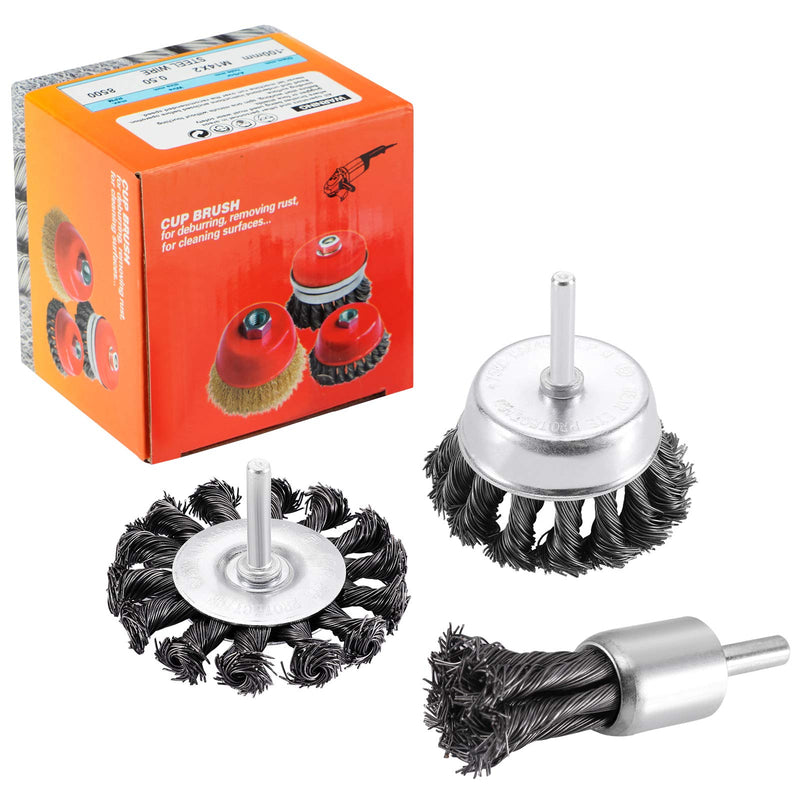 TILAX 3'' Wire Wheel Cup Brush End Brush Set 3 Pcs, Wire Brush for Drill 1/4 Inch Arbor 0.019" Carbon Steel Knotted Wire Brush Drill Bit, Drill Wire Brush Attachment, Rust Removal - NewNest Australia
