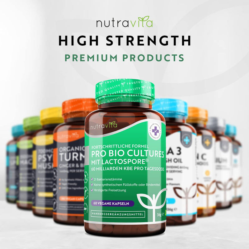 Pro Bio Cultures Complex - 60 Billion Cfu Per Daily Dose With 21 Bacterial Strains - Premium - With Lactospore - With High Efficiency And Intensive Active Ingredient Content - Made By Nutravita - NewNest Australia
