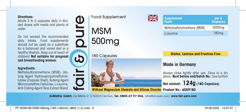 MSM capsules 500mg - methylsulfonylmethane - vegan - 180 MSM capsules - 100% MSM per capsule - pure substance without magnesium stearate - NewNest Australia