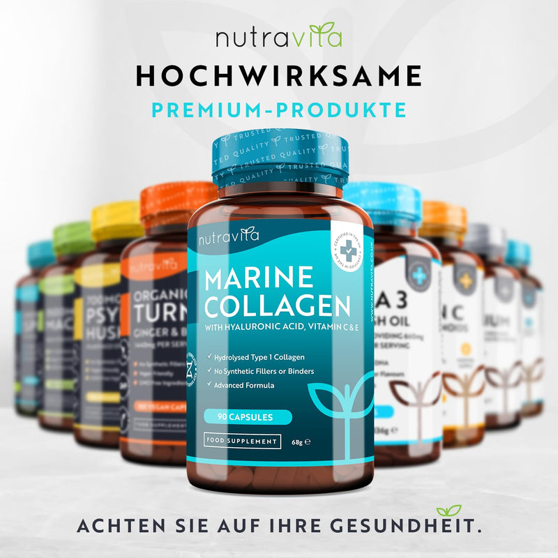 Marine Collagen - 1000 Mg - 90 Capsules With Premium Hydrolysed Type 1 Collagen - Enriched With Hyaluronic Acid, Vitamin C, E, B2, Zinc, Copper And Iodine - Made By Nutravita - NewNest Australia