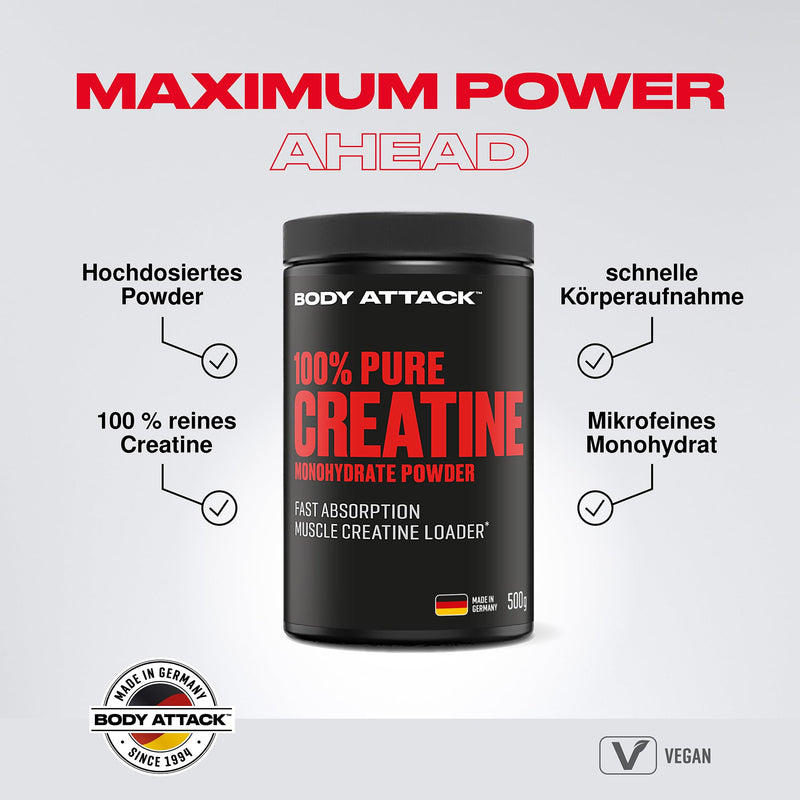 Body Attack Creatine Monohydrate - 500 g powder - Made in Germany - high-quality microfine creatine monohydrate - pure creatine powder for self-dosing - product from the Cologne list - NewNest Australia