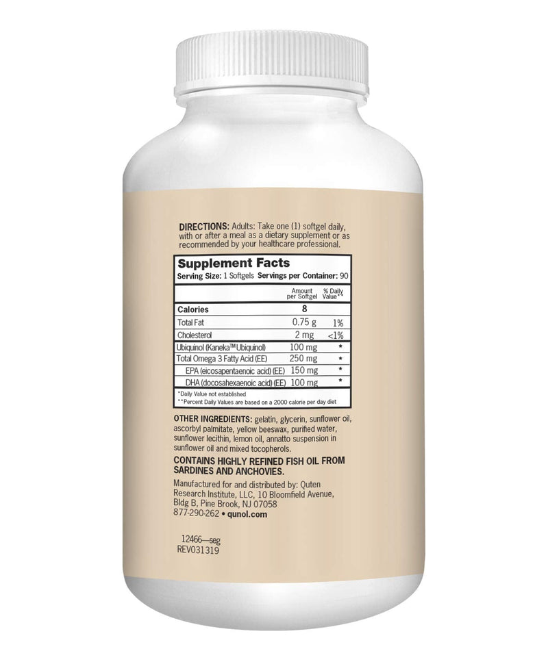 Qunol Plus Ubiquinol CoQ10 100mg, with Omega 3 Fish Oil 250mg, Extra Strength, Antioxidant for Heart & Vascular Health, Natural Supplement for Energy Production, Active Form of Coq10, 90 Count Bovine 100mg Softgels - NewNest Australia