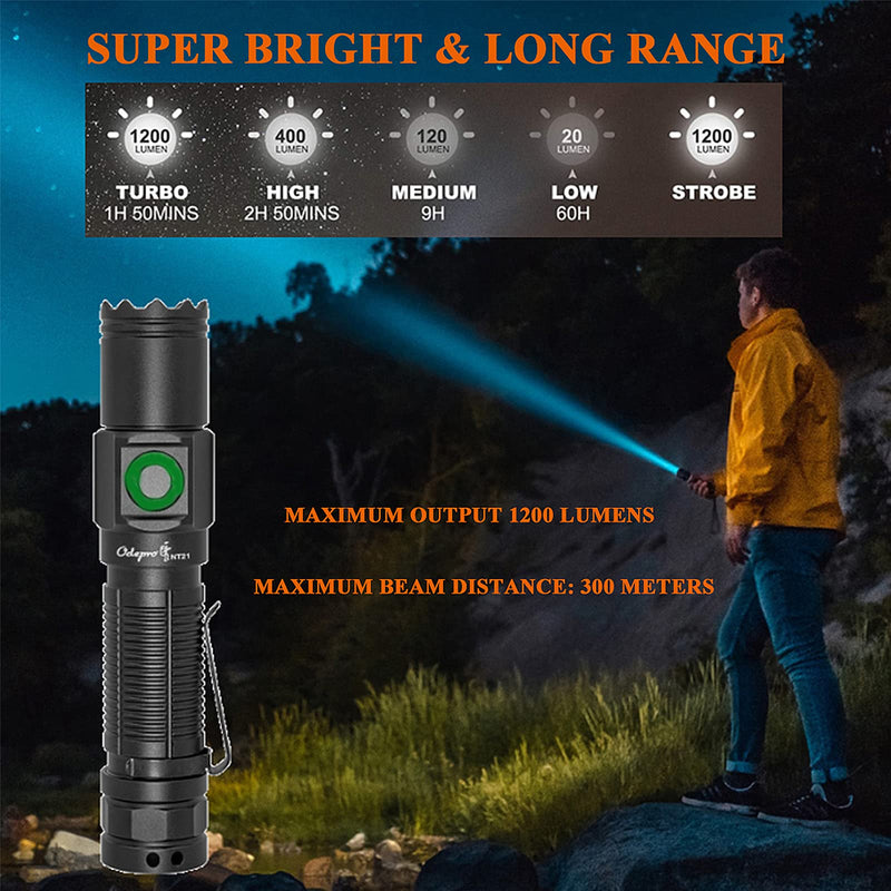 Odepro NT21 1200 Lumens USB Magnetic Rechargeable Flashlight, Waterproof EDC Pocket Flashlight with Clip, Battery Power Indicator, 2Pcs 18650 Battery and Holster Included - NewNest Australia