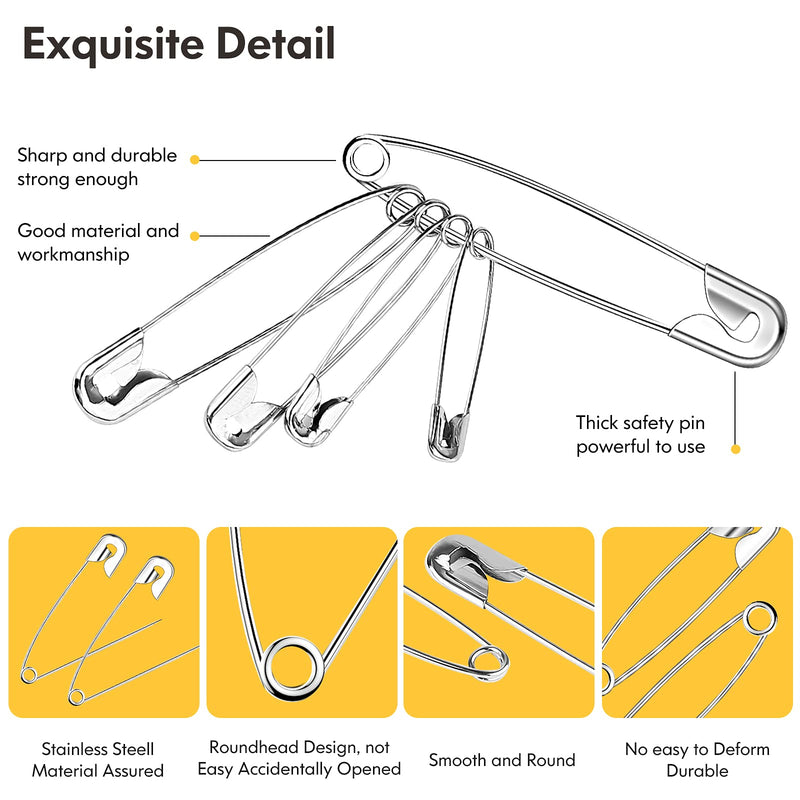 Safety Pins Assorted, 340 PCS Nickel Plated Steel Large Safety Pins Heavy Duty, 5 Different Sizes Safety Pin, Safety Pins Bulk (Silver) Silver - NewNest Australia