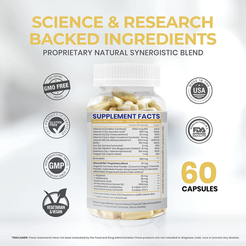 Zen Nutrients WoundVite Comprehensive Post Op Wound Care, Scar Reduction, Scar Treatment, Plastic & General Surgery, Heal Faster & Aids in Recovery Time w/ Bromelain, Turmeric & Arnica - 60 Vegan Caps - NewNest Australia