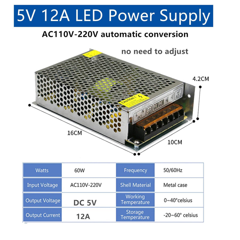 PHEVOS 5V 12A 60Watt Universal Switching Power Supply for Raspberry PI Models CCTV Radio Project WS2812B WS2811 WS2801 LED Strips Pixel Lights - NewNest Australia
