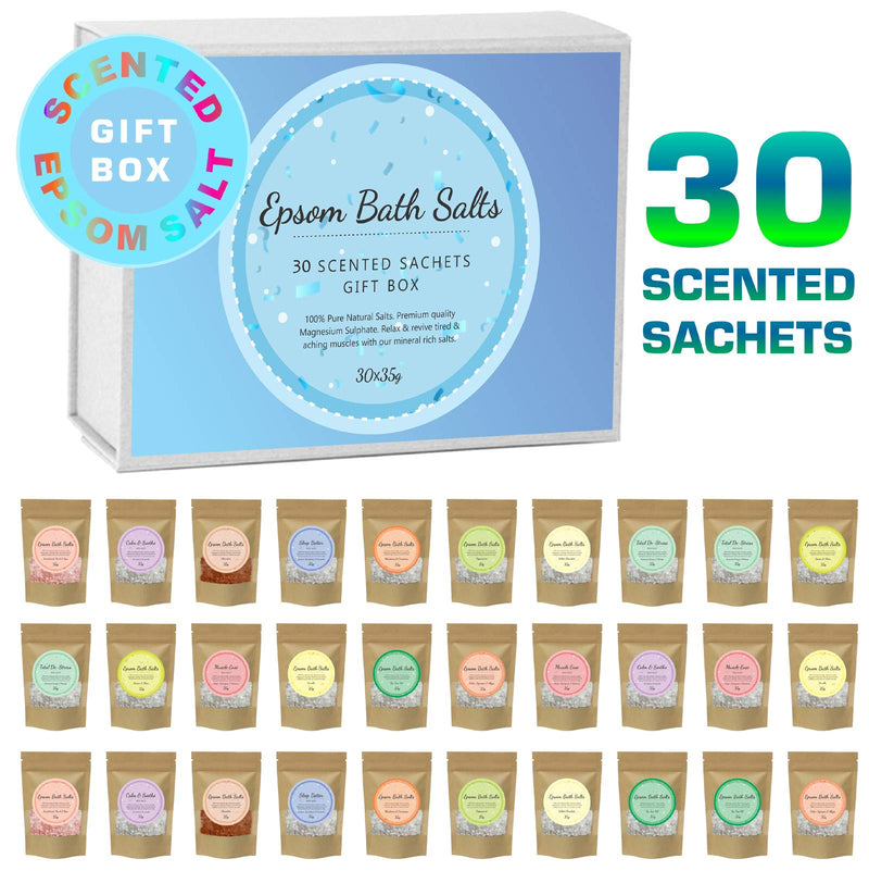 Scented Pure Epsom Salts | Magnesium Sulphate Bath Spa Salt | 30x35G Variety Gift Hamper Box Pack by PSN | Ideal for Relieving Sore Muscles | Reduces Inflammation - NewNest Australia