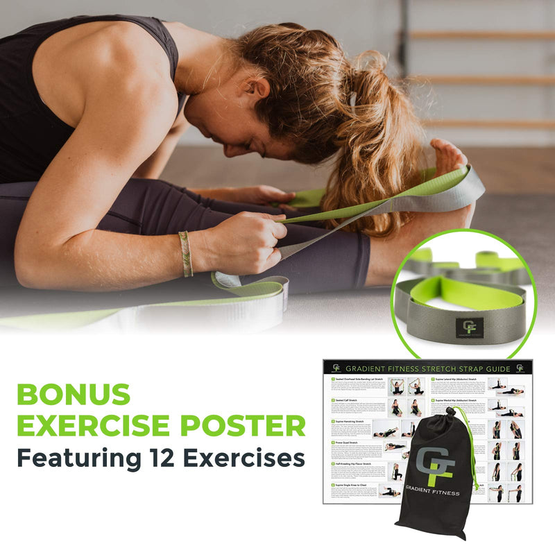 Gradient Fitness Stretching Strap, Premium Quality Multi-Loop Strap, Neoprene Padded Handles, 12 Loops, 1.5" W x 8' L Green/Grey - NewNest Australia