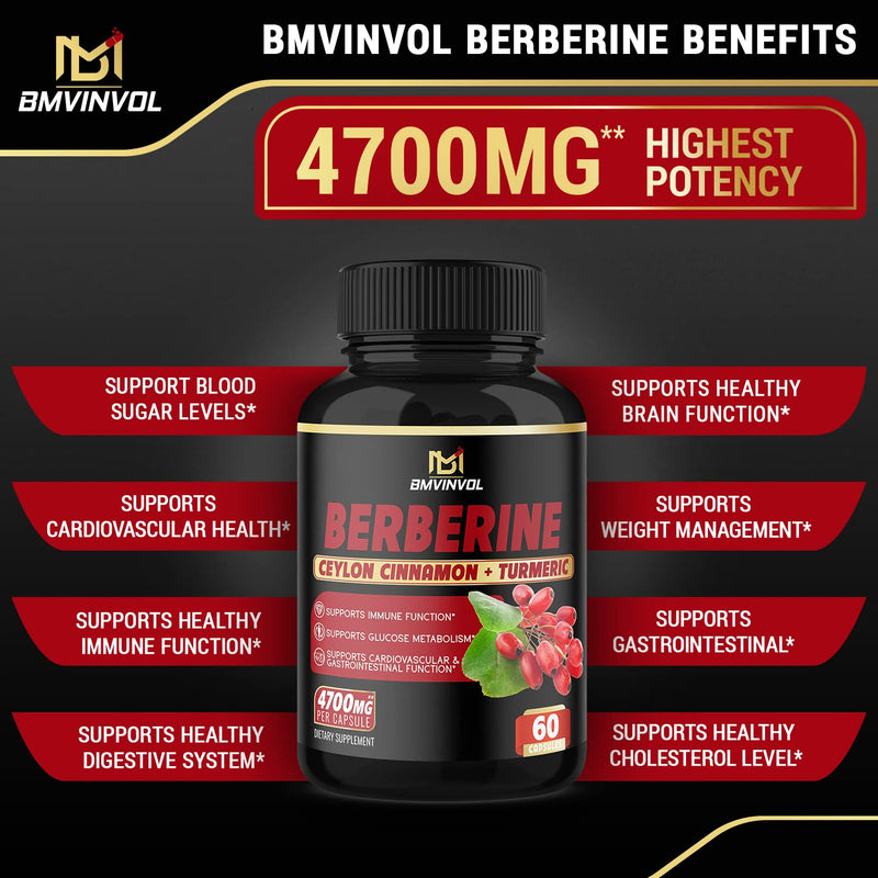 (2 Packs) Berberine Supplement 4700mg with Ceylon Cinnamon, Turmeric -120 Capsules - Supports Glucose Metabolism, Immune Function, Healthy Blood Sugar - Berberine HCl Supplement Pills- 4 Months Supply - NewNest Australia