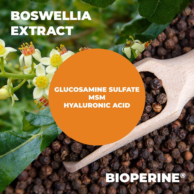 Glucosamine Sulfate with Hyaluronic Acid, Bioperine, MSM & Boswellia - Occasional Joint Discomfort Relief Supplement. Aids Healthy Inflammatory Response. Anti-Oxidant Pills for Back, Knees and Hands - NewNest Australia