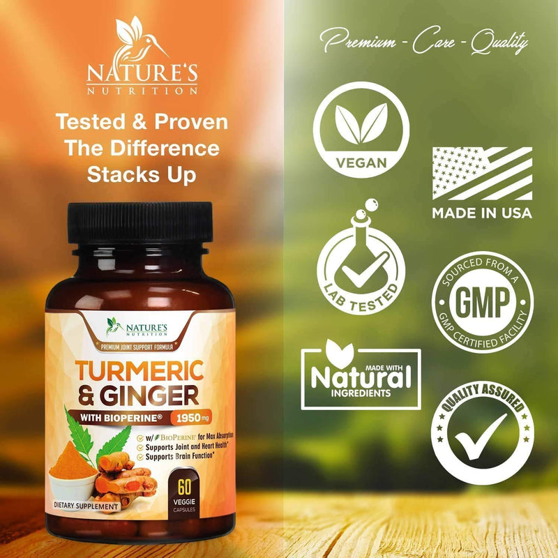 Turmeric Curcumin with BioPerine & Ginger 95% Curcuminoids 1950mg - Black Pepper for Absorption, Made in USA, Natural Immune Support, Turmeric Ginger Supplement by Natures Nutrition - 60 Capsules 60 Count (Pack of 1) - NewNest Australia