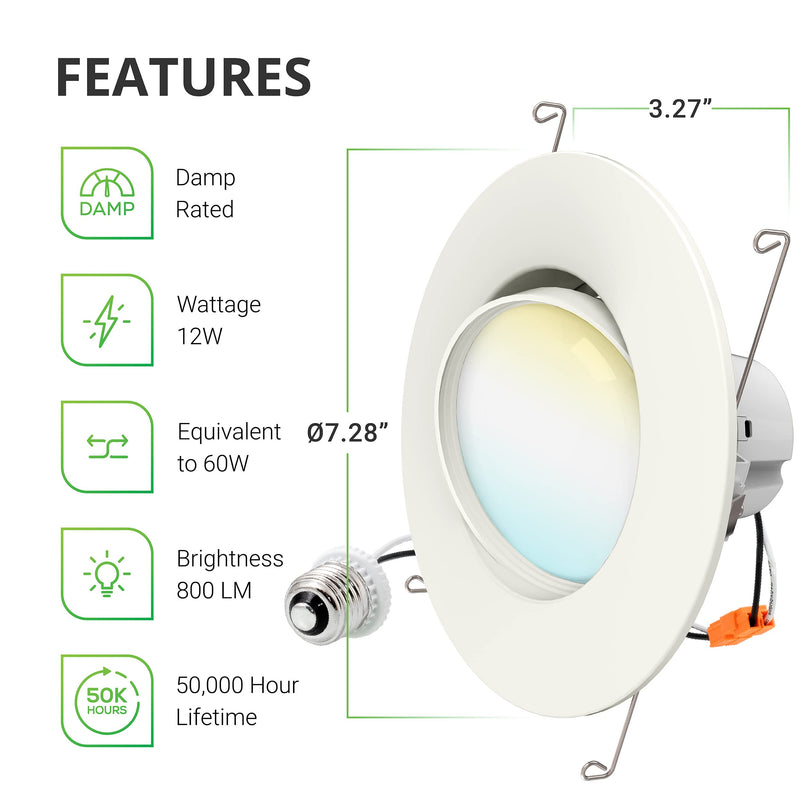 Sunco Lighting 1 Pack 5/6 Inch LED Recessed Downlight, Gimbal, Selectable Light, 5 Colors (2700K/3000K/3500K/4000K/5000K), 12W=60W, Dimmable, Adjustable, Damp Rated, Simple Installation – UL 5 Cct in One (27k,3k,35k,4k,5k) - NewNest Australia