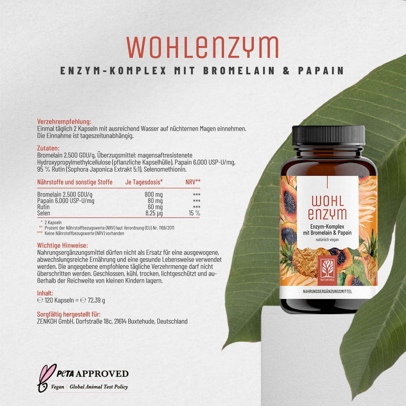 Welfenzyme Enzyme Complex With 800 Mg Bromelain (5000 Fip), Papain, Rutin, Pineapple & Papaya Enzyme Vegan, Immune System, Support, 120 Capsules Gastric Juice-Resistant Naturtreu - NewNest Australia
