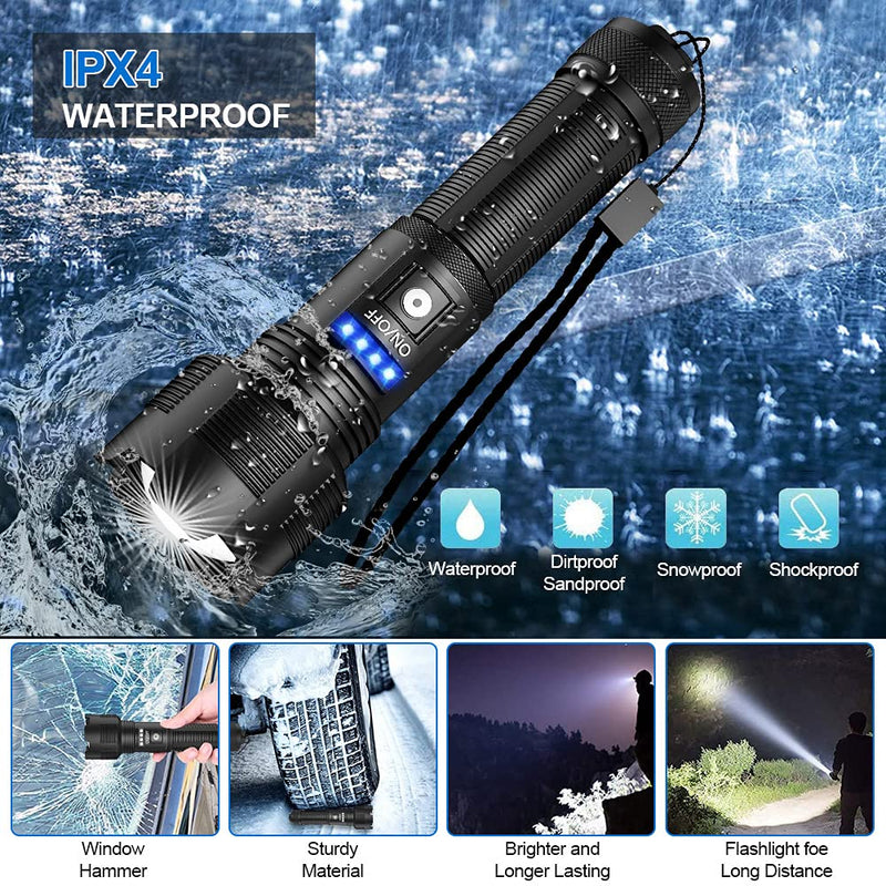 XHP50 Flashlights High Lumens Rechargeable, Super Bright Zoomable IPX4 Waterproof, LED Tactical Flashlight with 2200mAh Batteries Included, Handheld Flashlight for Camping Emergencies P50-2PC - NewNest Australia