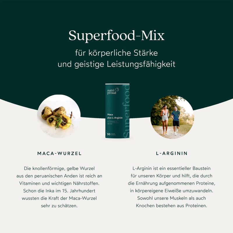 Nutriproud - Maca high dose plus L-arginine, vitamin B + C and zinc, physical strength and performance, 90 vegan capsules for 3 months, without unnecessary additives, made in Germany - NewNest Australia