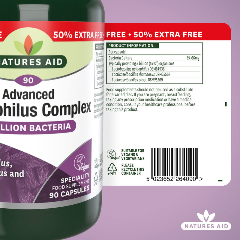 Natures Aid Acidophilus Complex, 5 Billion Bacteria, 90 Capsules (Lactobacillus Acidophilus, Lactobacillus Rhamnosus, Lactobacillus Casei, Good Bacteria, Shelf Stable, Vegan Society Approved) - NewNest Australia