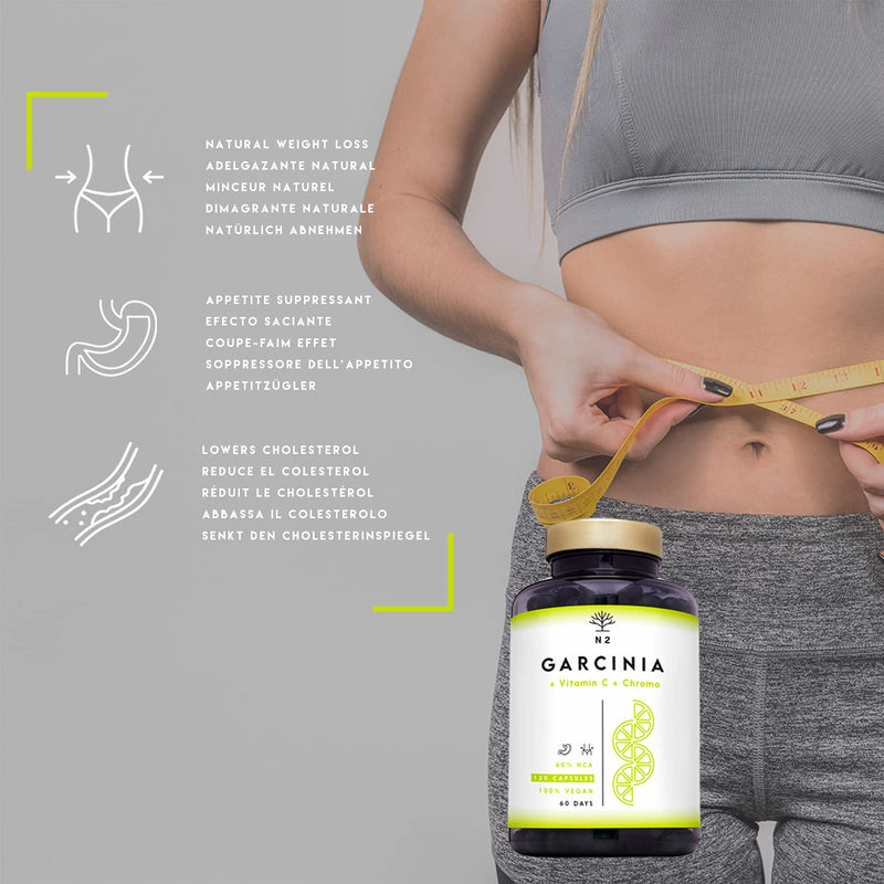 Garcinia Cambogia High-Dose Capsules, Vitamin C, Chromium. Appetite Suppressant, Fat Burner, Weight Loss, Hca 60%. 120 Herbal Capsules. Vegan Certified. N2 Natural Nutrition - NewNest Australia