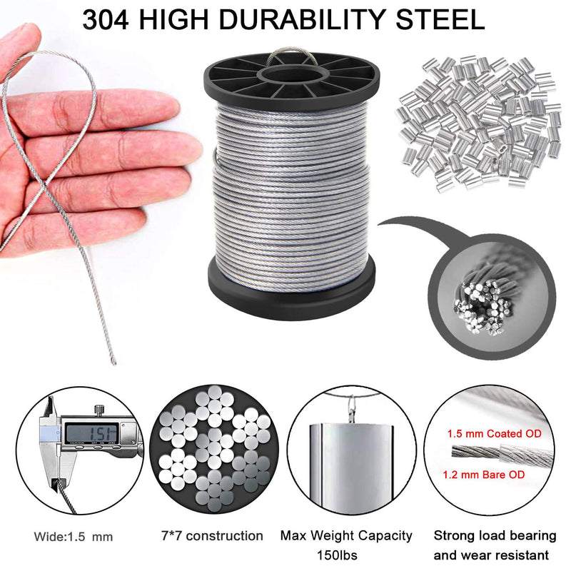 Vinyl Coated Picture Hanging Wire 1.5mm Up to 150lbs,100 Feet(30.5M) Stainless Steel Picture Wire Spool with 40Pcs Aluminum Crimping Sleeves,Heavy Wire for Hanging Picture Frame,Artwork,String Light - NewNest Australia