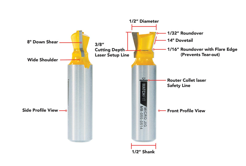 Micro Jig MB-050-0514 MATCHFIT Dovetail Router Bit For Dovetail Clamps, 14°, ½” Dovetail Profile, Yellow - NewNest Australia