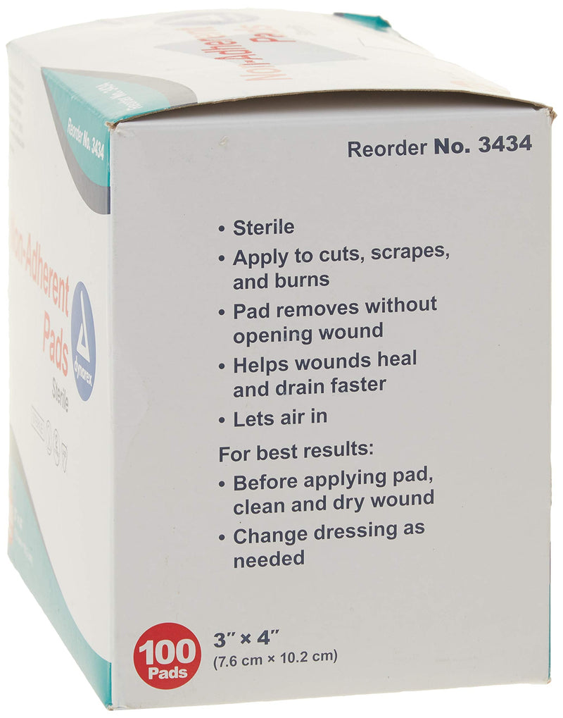 Dynarex Non-Adherent Pads-Sterile, Individually Packaged, Non-Stick Wound and Burn Care, Soft & Highly Absorbent, 3” x 4”, 1 Box of 100 Non-Adherent Pads-Sterile 3" x 4" - NewNest Australia