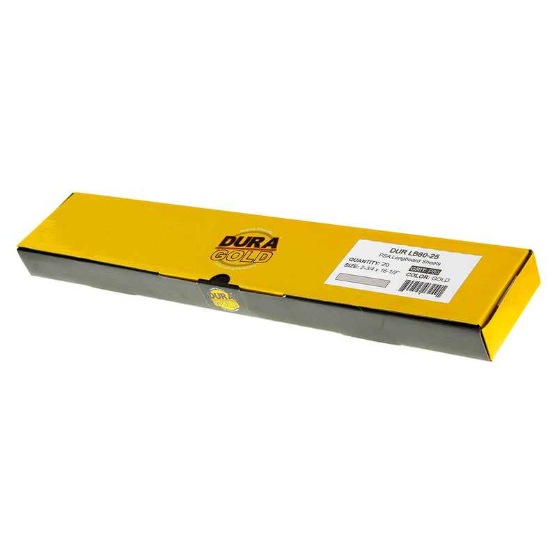 Dura-Gold - Premium - 80 Grit Gold - Pre-Cut Longboard Sheets 2-3/4" Wide by 16-1/2" Long - PSA Self Adhesive Stickyback Longboard Sandpaper - Box of 20 Sandpaper Finishing Sheets 80-Grit - NewNest Australia