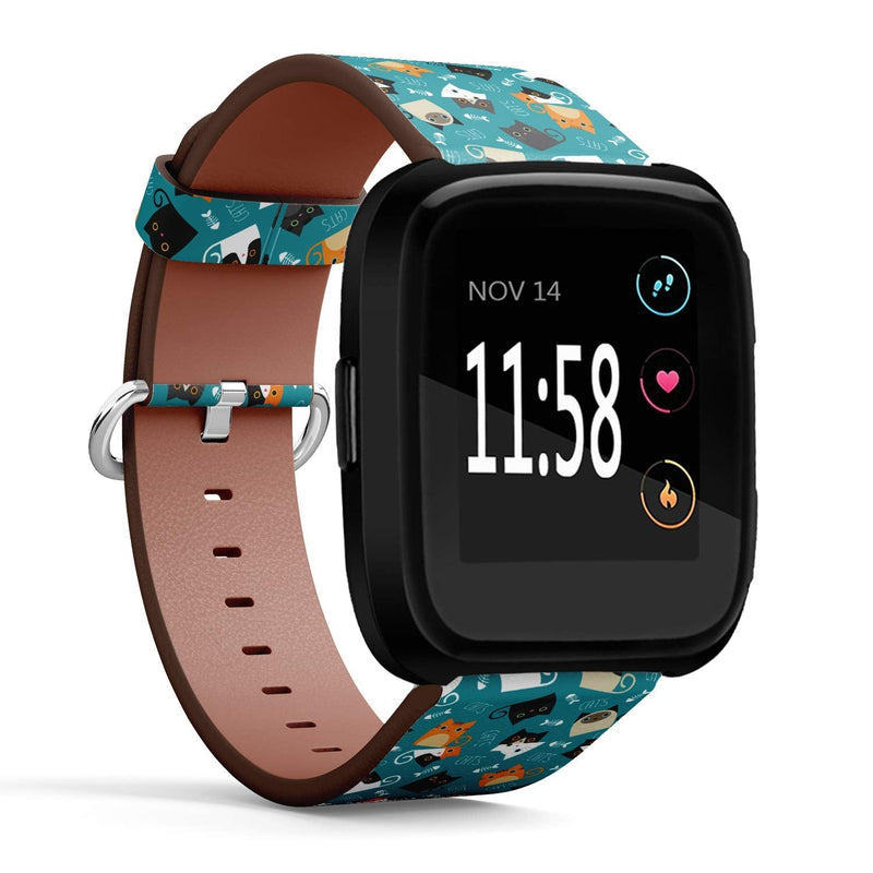 Pattern of Cats and Fishbone in Teal Background - Patterned Leather Wristband Strap Compatible with Fibit Versa,Replacement for Versa Watch Band - NewNest Australia