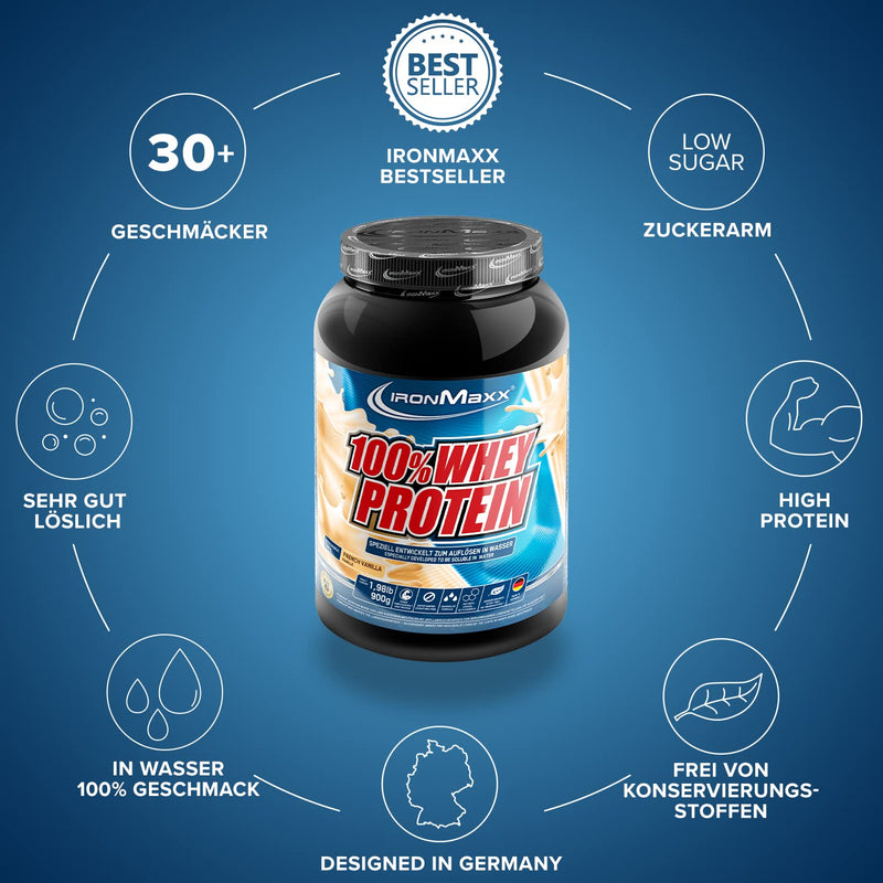 IronMaxx 100% Whey Protein Powder - French Vanilla 900g Can | reduced-sugar, water-soluble protein powder made from whey protein | many different flavors - NewNest Australia