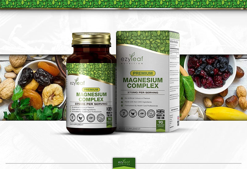 Ezyleaf Magnesium High Dose Capsules | 375Mg Magnesium Per Serving | Magnesium Glycinate, Magnesium Malate & Magnesium Citrate | 90 Vegan Capsules | Iso Certified, Allergen & Gluten Free | Made In The - NewNest Australia