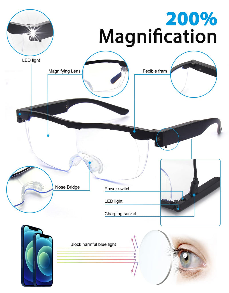 200% Magnifying Glasses with Light, Rechargeable LED Lighted Magnification Eyeglasses, Anti Blue Light, Bright Sight Hands Free Magnifier for Close Work, Craft, Jewellers, Reading, Hobby 200% - NewNest Australia