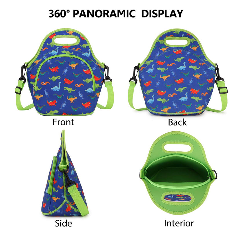 NewNest Australia - Lunch Bag for Boys, Neoprene Lunch Box Bag for Kids Cute Insulated Thermal Lunch Tote with Removable Shoulder Strap, Dinosaur by VX VONXURY Blue Dinosaur 