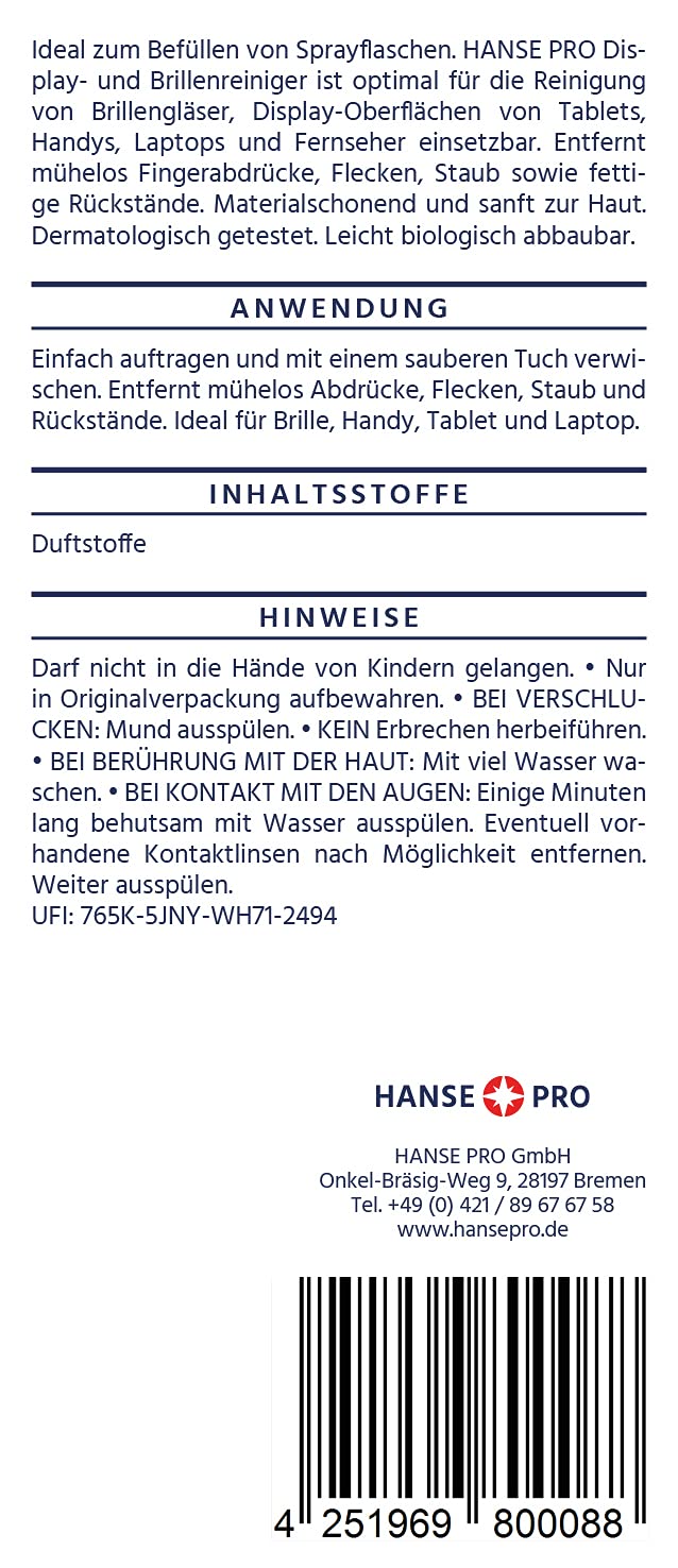 HANSE PRO glasses cleaner, 1 x 500 ml I glasses care I cleaning spray I quick and streak-free cleaning of glasses and display surfaces I ideal for refilling 500.00 ml (pack of 1) - NewNest Australia