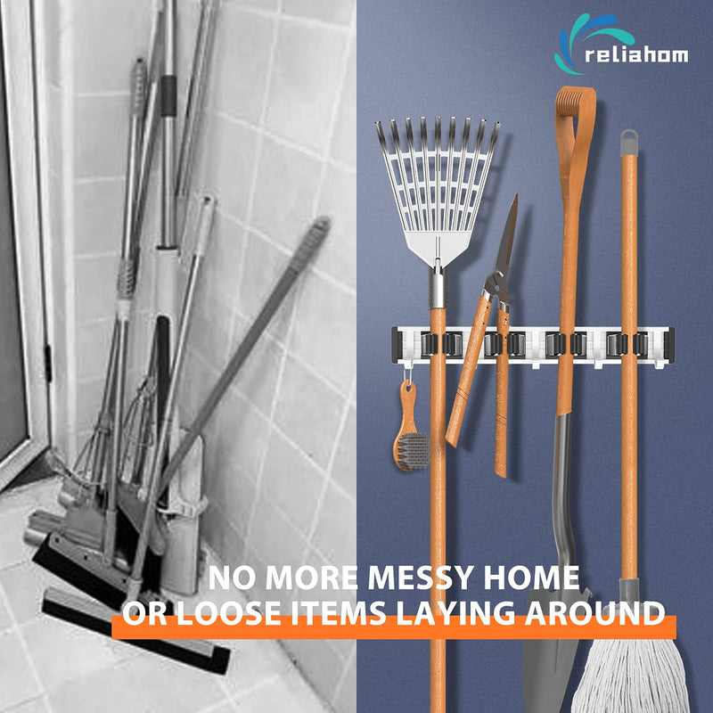reliahom Broom Holder Mop Hanger Wall Mount Metal Organization Garage Storage System Garden Kitchen Tool Organizer (4 Racks with 5 Hooks, Black) 4 Racks 5 Hooks Black - NewNest Australia