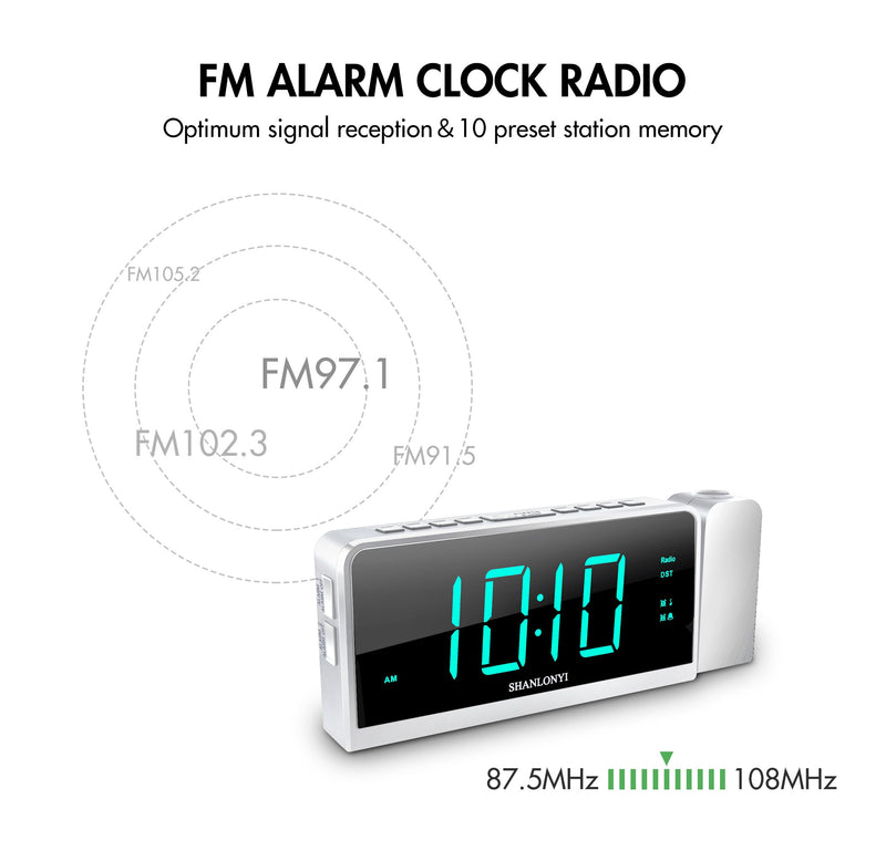 NewNest Australia - Projection Alarm Clock with AM/FM Radio, 180°Projector, 7" LED Digital Ceiling Display, Easy to Use, Clear Cyan Digit, 3 Dimmer, Digital Alarm Clock with USB Phone Charger, Battery Backup for Bedroom White 