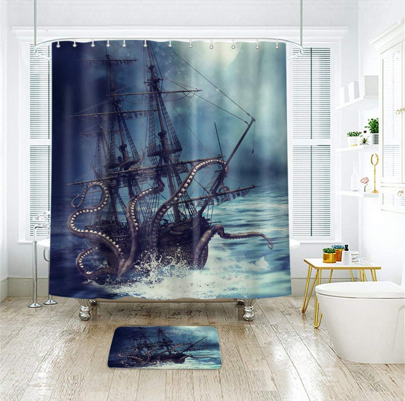 Riyidecor Octopus Kraken Nautical Shower Curtain Pirate Ship Boys Kids Steampunk Sailboat Ocean Bathroom Decor Fabric Polyester Waterproof 72x72 Inch with 12 Pack Hooks 72Wx72H Blue Black - NewNest Australia