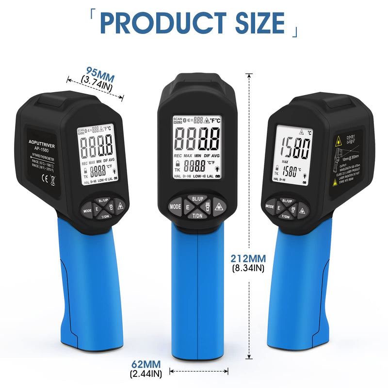Aoputtriver Ap-1580 Infrared Thermometer, Temperature Range -58¬∞F To 2876¬∞F With Ds 30:1 High Temperature Thermometer With Adjustable Emissivity, Backlight For Hvac Pizza Ovens Ap-1580Ôºàblueôºâ - NewNest Australia