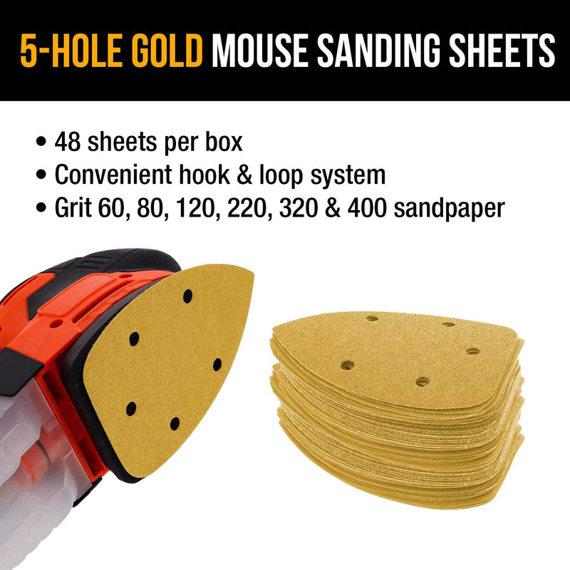 Dura-Gold Premium Mouse Detail Sander Sandpaper, 48 Assorted Grit Sanding Sheets - 60, 80, 120, 220, 320, 400-5 Hole Pattern Hook & Loop Triangle Mouse Discs - Woodworking Wood Crafting, Auto Paint Variety Pack - NewNest Australia