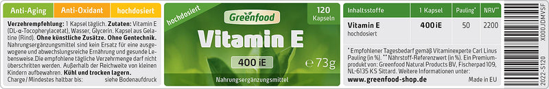 Greenfood - Vitamin E capsules - 400 iU - 120 capsules - Supports the protection of cells from oxidative stress - Without artificial additives and genetic engineering 120 pieces (pack of 1) - NewNest Australia