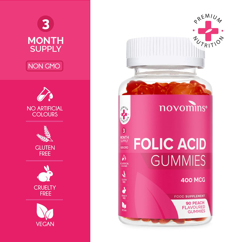 Folic Acid Gummies – Folic Acid 400mcg - 3 Month Supply – Vegan – Gluten Free – Pregnancy Care – Prenatal Health & Maternal Tissue Growth During Pregnancy – Made by Novomins - NewNest Australia