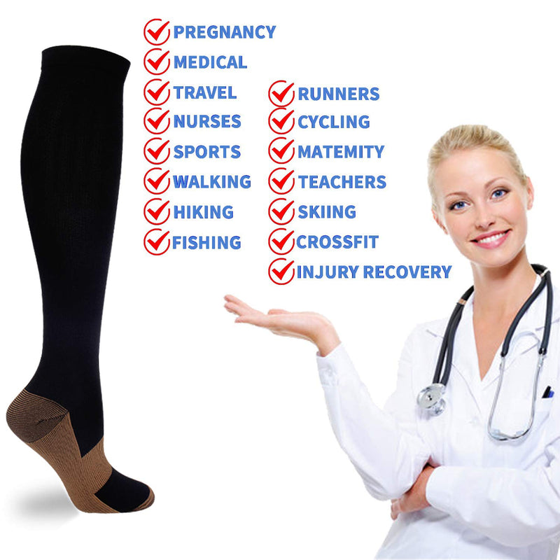 7 Pairs Copper Compression Socks for Men Women 20-30 mmHg Knee High Stockings Black Small/Medium (7 Pair) - NewNest Australia