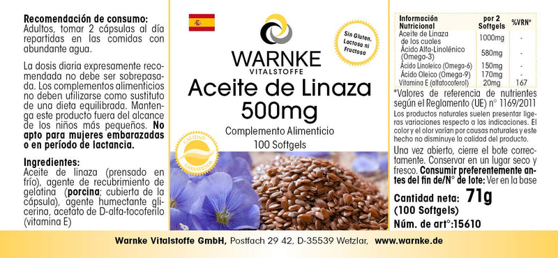 Flaxseed Oil Capsules - Vegetable Omega 3-6-9 Capsules - High Dose - Flaxseed Oil 500mg - 100 Softgels | Warnke vital substances - NewNest Australia